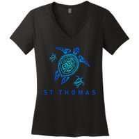 St Thomas Virgin Islands Sea Blue Tribal Turtle Women's V-Neck T-Shirt