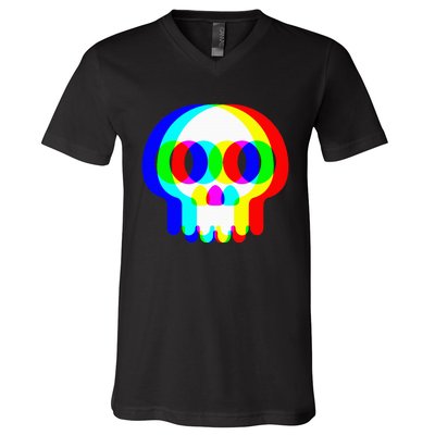 Skull Trippy Vaporwave Halloween Techno Rave Edm Party V-Neck T-Shirt