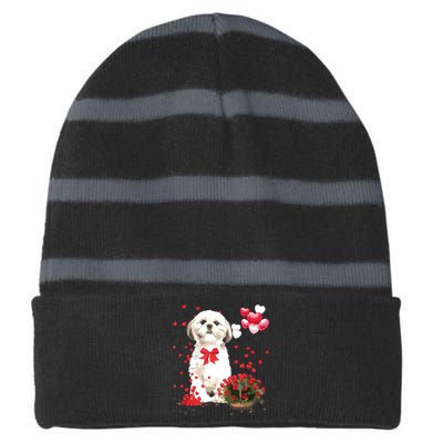 Shih Tzu Valentines Day Funny Dog Lover Happy Valentine Striped Beanie with Solid Band