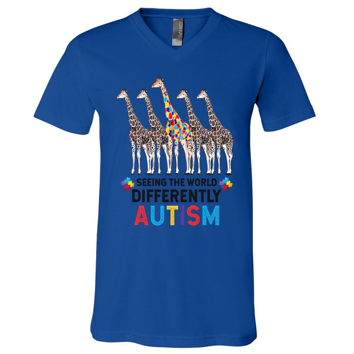 Seeing The World Differently Autism Awareness Giraffe Gift V-Neck T-Shirt