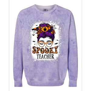 Spooky Teacher Women Messy Bun Bleached Halloween Teachers Colorblast Crewneck Sweatshirt