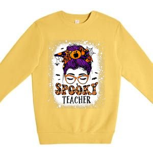 Spooky Teacher Women Messy Bun Bleached Halloween Teachers Premium Crewneck Sweatshirt