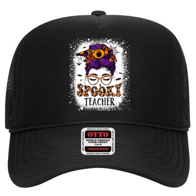 Spooky Teacher Women Messy Bun Bleached Halloween Teachers High Crown Mesh Back Trucker Hat