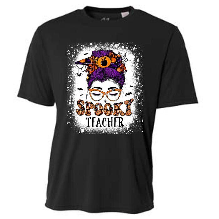 Spooky Teacher Women Messy Bun Bleached Halloween Teachers Cooling Performance Crew T-Shirt