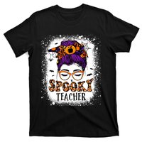 Spooky Teacher Women Messy Bun Bleached Halloween Teachers T-Shirt