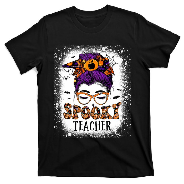 Spooky Teacher Women Messy Bun Bleached Halloween Teachers T-Shirt