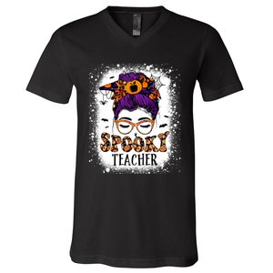 Spooky Teacher Women Messy Bun Bleached Halloween Teachers V-Neck T-Shirt