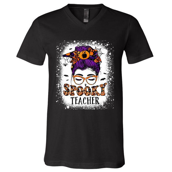 Spooky Teacher Women Messy Bun Bleached Halloween Teachers V-Neck T-Shirt