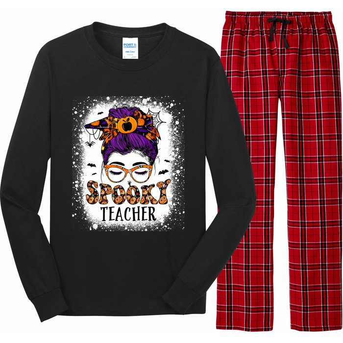 Spooky Teacher Women Messy Bun Bleached Halloween Teachers Long Sleeve Pajama Set