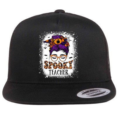 Spooky Teacher Women Messy Bun Bleached Halloween Teachers Flat Bill Trucker Hat