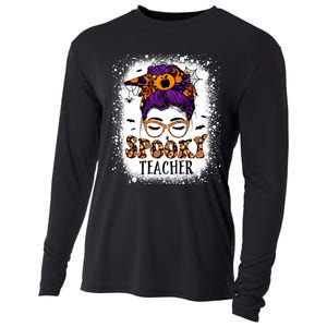 Spooky Teacher Women Messy Bun Bleached Halloween Teachers Cooling Performance Long Sleeve Crew