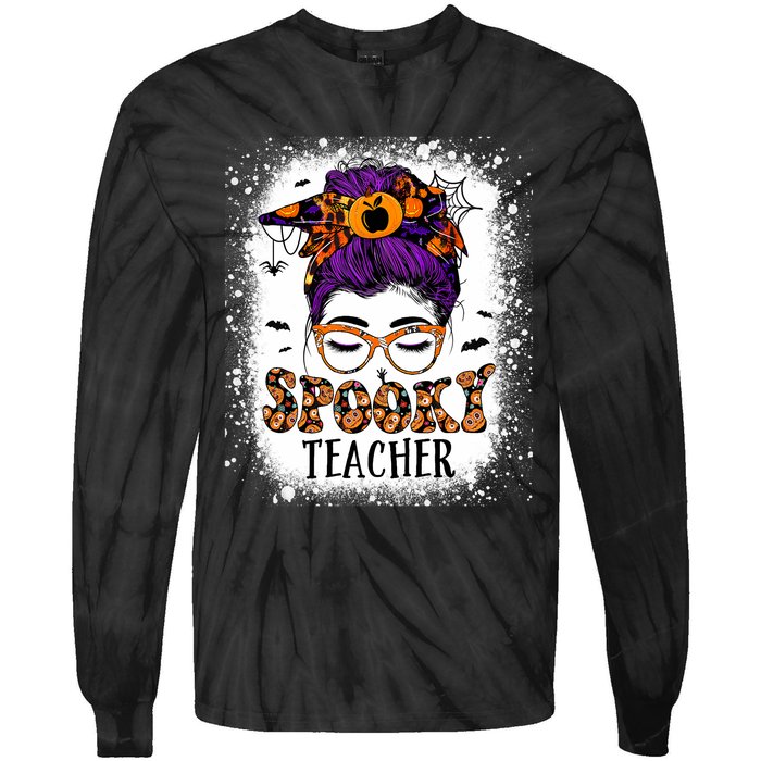 Spooky Teacher Women Messy Bun Bleached Halloween Teachers Tie-Dye Long Sleeve Shirt