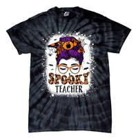 Spooky Teacher Women Messy Bun Bleached Halloween Teachers Tie-Dye T-Shirt