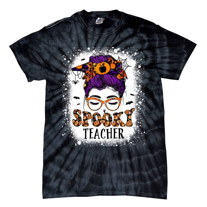 Spooky Teacher Women Messy Bun Bleached Halloween Teachers Tie-Dye T-Shirt