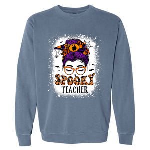 Spooky Teacher Women Messy Bun Bleached Halloween Teachers Garment-Dyed Sweatshirt