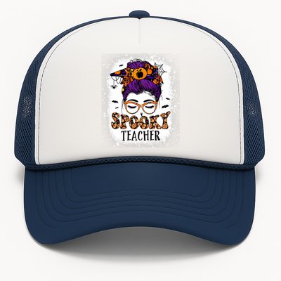 Spooky Teacher Women Messy Bun Bleached Halloween Teachers Trucker Hat