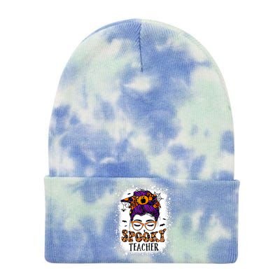 Spooky Teacher Women Messy Bun Bleached Halloween Teachers Tie Dye 12in Knit Beanie