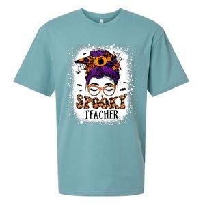 Spooky Teacher Women Messy Bun Bleached Halloween Teachers Sueded Cloud Jersey T-Shirt