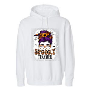 Spooky Teacher Women Messy Bun Bleached Halloween Teachers Garment-Dyed Fleece Hoodie