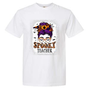 Spooky Teacher Women Messy Bun Bleached Halloween Teachers Garment-Dyed Heavyweight T-Shirt