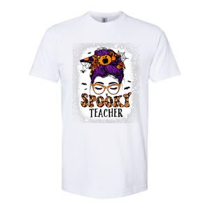 Spooky Teacher Women Messy Bun Bleached Halloween Teachers Softstyle CVC T-Shirt