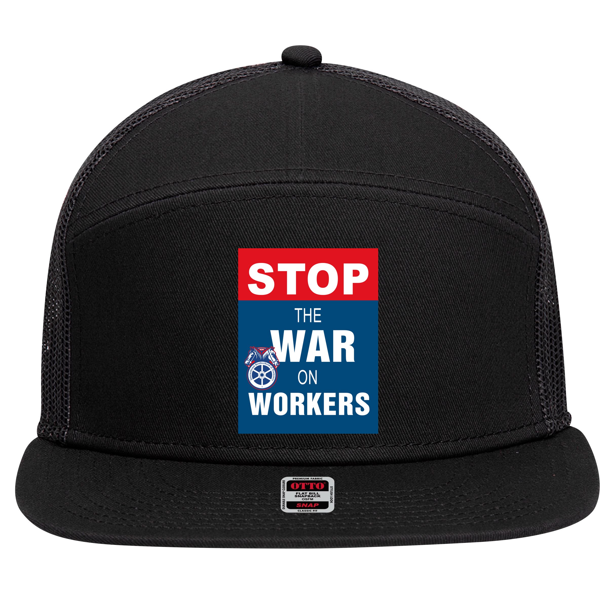 Stop The War On Workers 7 Panel Mesh Trucker Snapback Hat