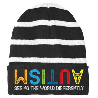 Seeing The World Differently Autism Awareness Striped Beanie with Solid Band