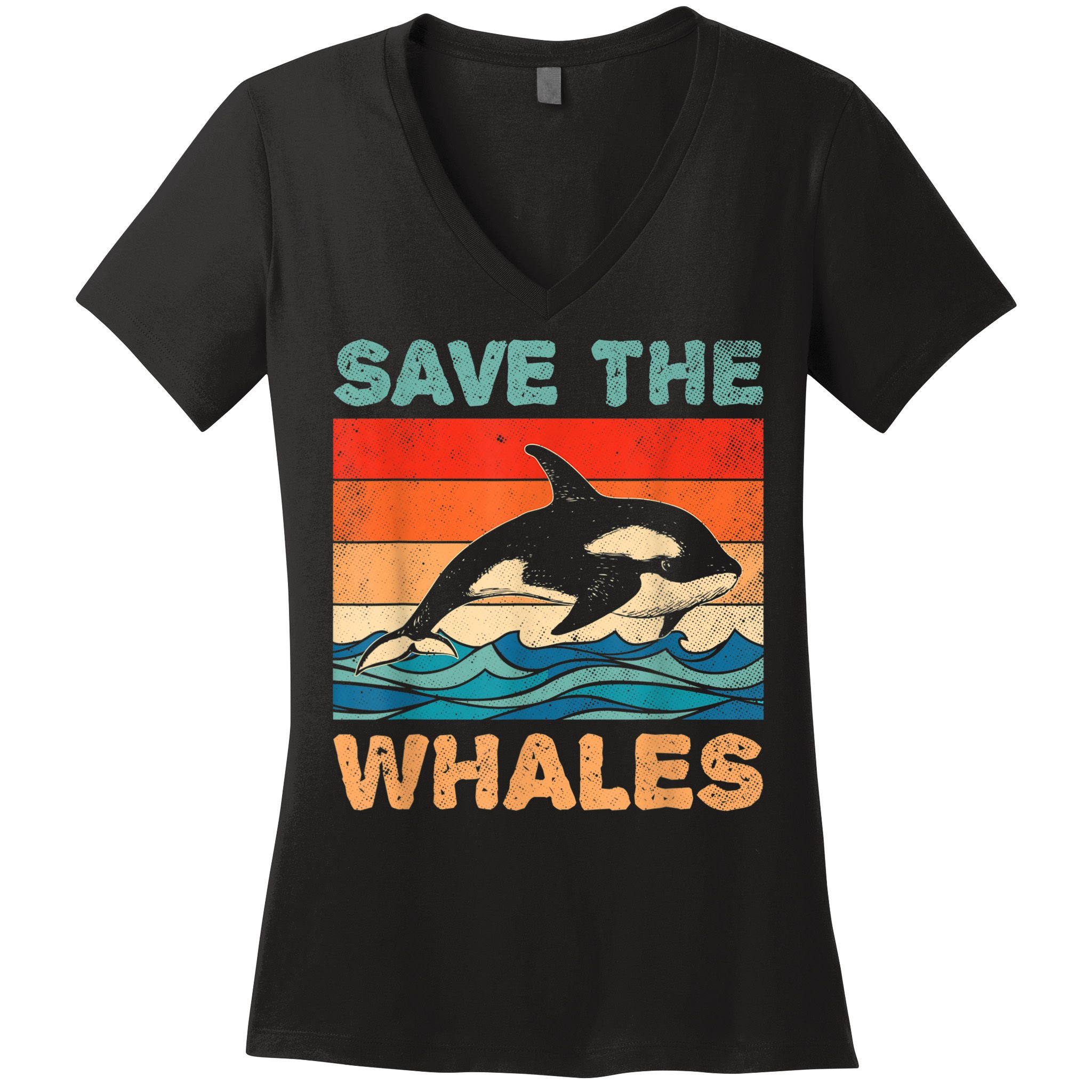 Save The Whales Retro Vintage Orca Whale Women's V-Neck T-Shirt