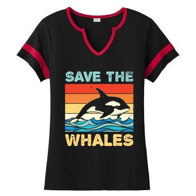 Save The Whales Retro Vintage Orca Whale Ladies Halftime Notch Neck Tee