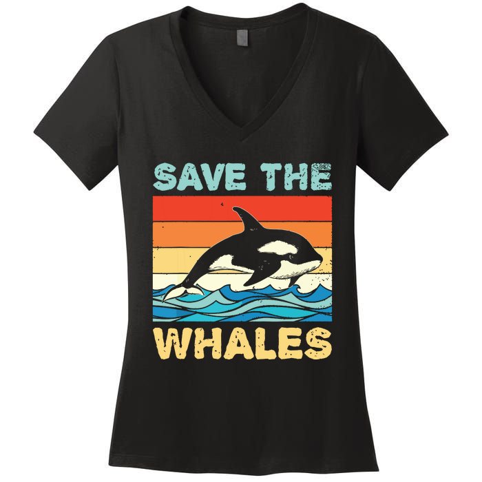 Save The Whales Retro Vintage Orca Whale Women's V-Neck T-Shirt