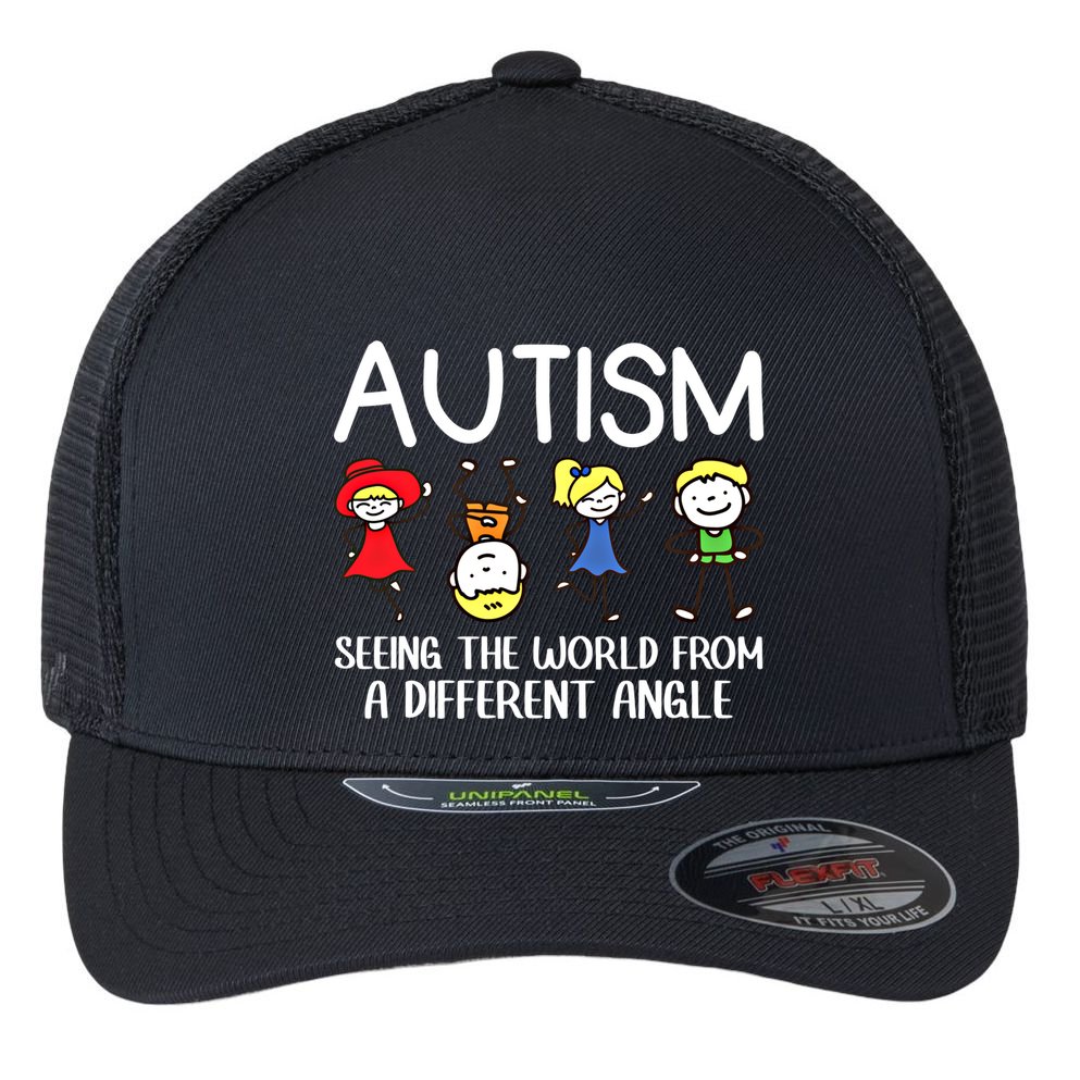 Seeing The World From A Different Angle Autism Awareness Day Gift Flexfit Unipanel Trucker Cap