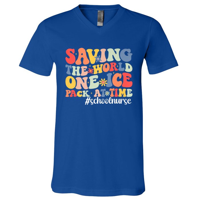 Saving The World One Ice Pack At Time Groovy School Nurse Cool Gift V-Neck T-Shirt