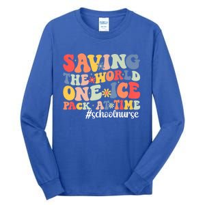 Saving The World One Ice Pack At Time Groovy School Nurse Cool Gift Tall Long Sleeve T-Shirt