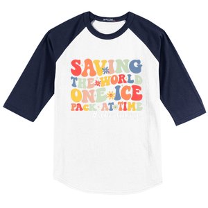 Saving The World One Ice Pack At Time Groovy School Nurse Cool Gift Baseball Sleeve Shirt