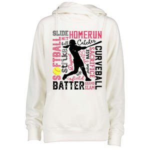 Softball Typography Word Art Funny Batter Pitcher Catcher Womens Funnel Neck Pullover Hood