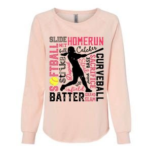 Softball Typography Word Art Funny Batter Pitcher Catcher Womens California Wash Sweatshirt