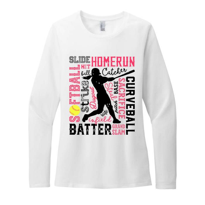 Softball Typography Word Art Funny Batter Pitcher Catcher Womens CVC Long Sleeve Shirt