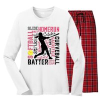 Softball Typography Word Art Funny Batter Pitcher Catcher Women's Long Sleeve Flannel Pajama Set 