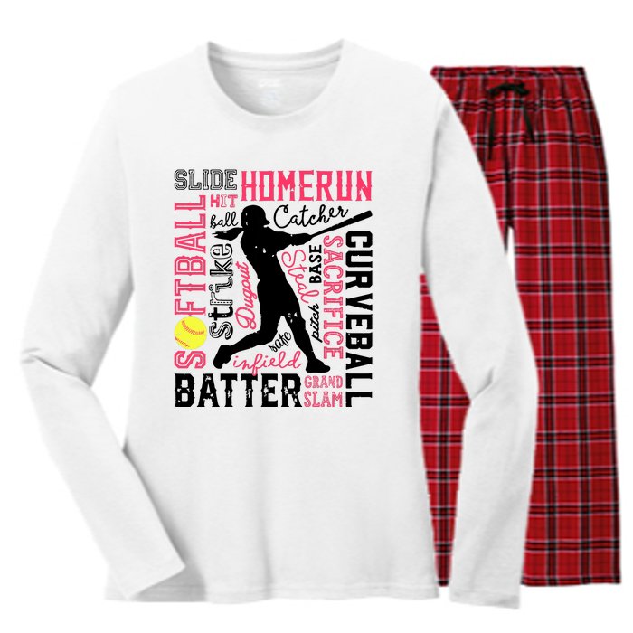 Softball Typography Word Art Funny Batter Pitcher Catcher Women's Long Sleeve Flannel Pajama Set 