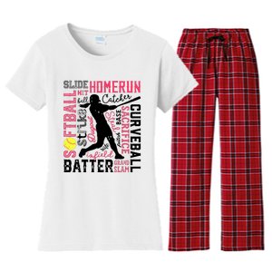 Softball Typography Word Art Funny Batter Pitcher Catcher Women's Flannel Pajama Set