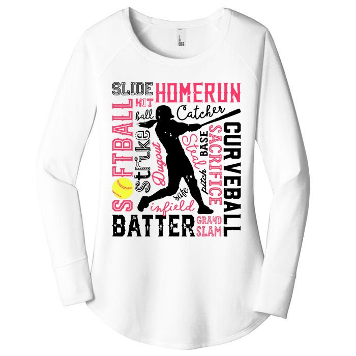 Softball Typography Word Art Funny Batter Pitcher Catcher Women's Perfect Tri Tunic Long Sleeve Shirt