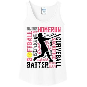 Softball Typography Word Art Funny Batter Pitcher Catcher Ladies Essential Tank