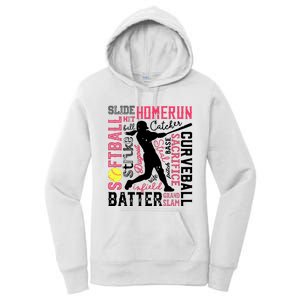 Softball Typography Word Art Funny Batter Pitcher Catcher Women's Pullover Hoodie