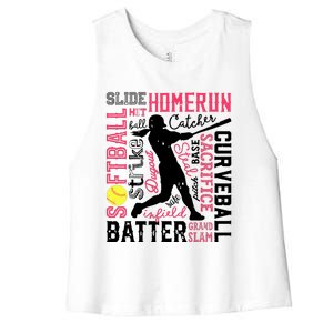 Softball Typography Word Art Funny Batter Pitcher Catcher Women's Racerback Cropped Tank