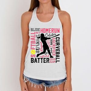 Softball Typography Word Art Funny Batter Pitcher Catcher Women's Knotted Racerback Tank