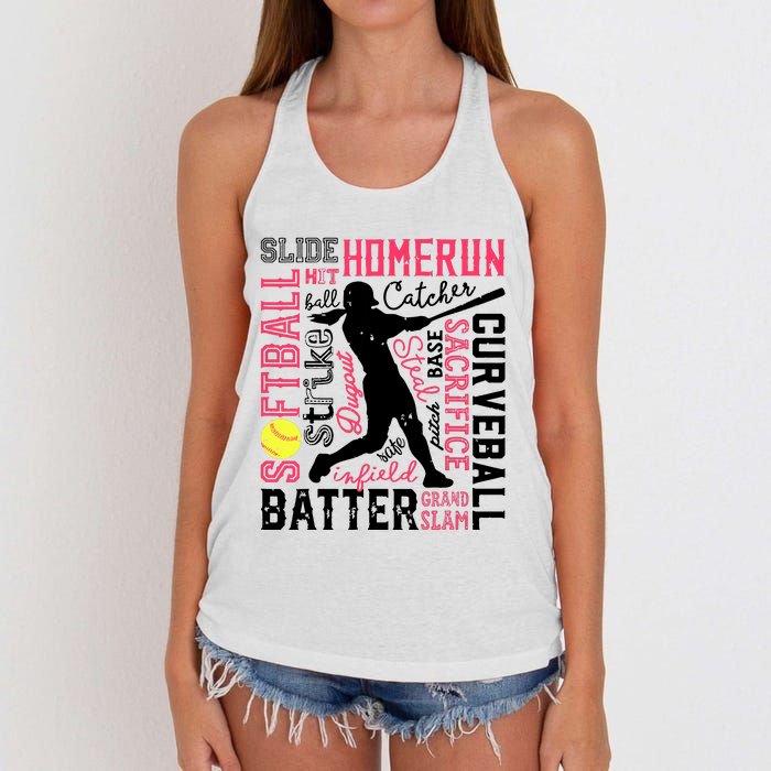 Softball Typography Word Art Funny Batter Pitcher Catcher Women's Knotted Racerback Tank