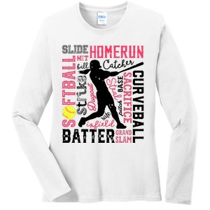 Softball Typography Word Art Funny Batter Pitcher Catcher Ladies Long Sleeve Shirt