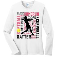 Softball Typography Word Art Funny Batter Pitcher Catcher Ladies Long Sleeve Shirt