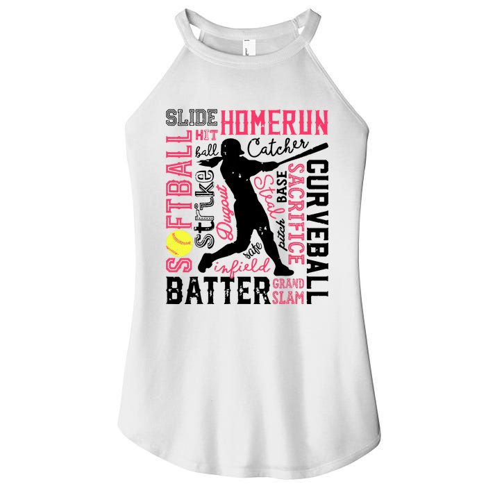 Softball Typography Word Art Funny Batter Pitcher Catcher Women's Perfect Tri Rocker Tank