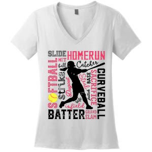 Softball Typography Word Art Funny Batter Pitcher Catcher Women's V-Neck T-Shirt